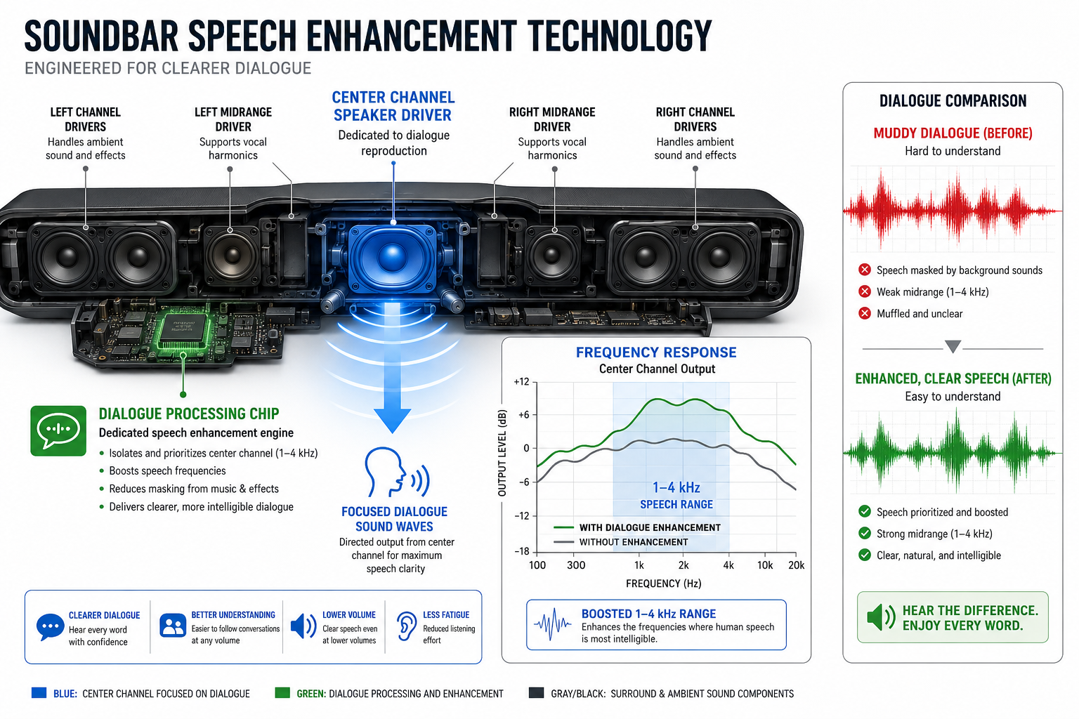 Soundbars for Seniors and Hard of Hearing Landscape format (1536x1024) technical illustration showing cutaway diagram of modern soundbar with labeled internal components emphasizing center channel speaker driver highlighted in blue, dedicated dialogue processing chip shown in green, and frequency response graph overlay showing boosted 1-4 kHz range for speech clarity. Side panel displays waveform visualization comparing muddy dialogue (red) versus enhanced clear speech (green). Clean infographic style with white background, professional technical drawing aesthetic, clear typography labeling each component, arrows indicating sound wave direction from center channel, educational diagram suitable for explaining speech enhancement technology to non-technical audience.