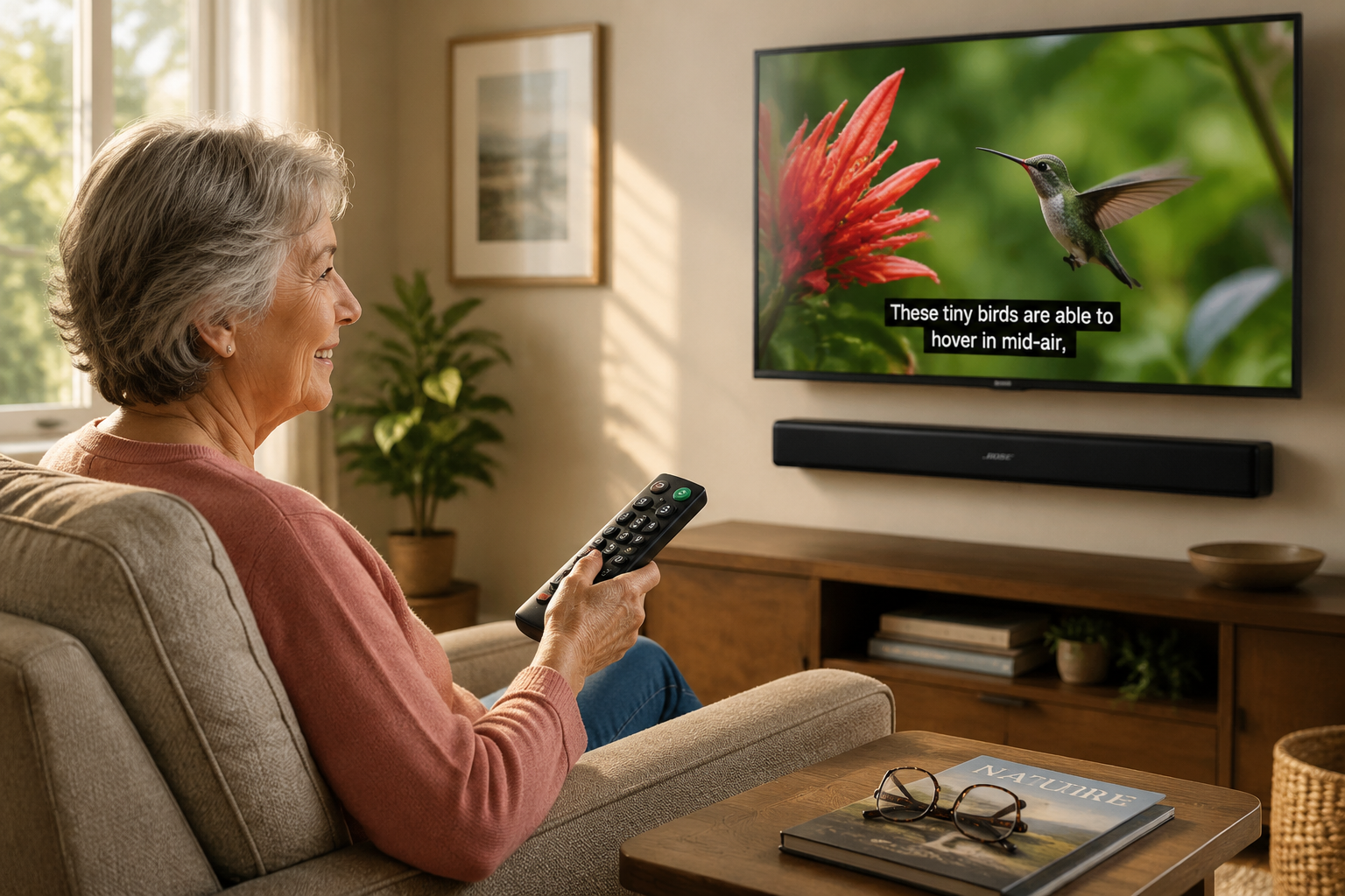 Soundbars for Seniors and Hard of Hearing Landscape format (1536x1024) warm lifestyle photograph showing senior woman with gray hair sitting in comfortable armchair in modern living room, smiling while watching television, holding large-button remote control in hand. Soundbar visible mounted below wall-mounted TV displaying nature documentary with clear on-screen dialogue captions. Afternoon sunlight streaming through window creates inviting atmosphere. Woman's posture relaxed and engaged, demonstrating ease of use. Coffee table in foreground with reading glasses and magazine. Composition emphasizes accessibility, comfort, and improved quality of life through better audio technology. Soft focus background, sharp focus on subject, natural color palette, authentic documentary photography style.