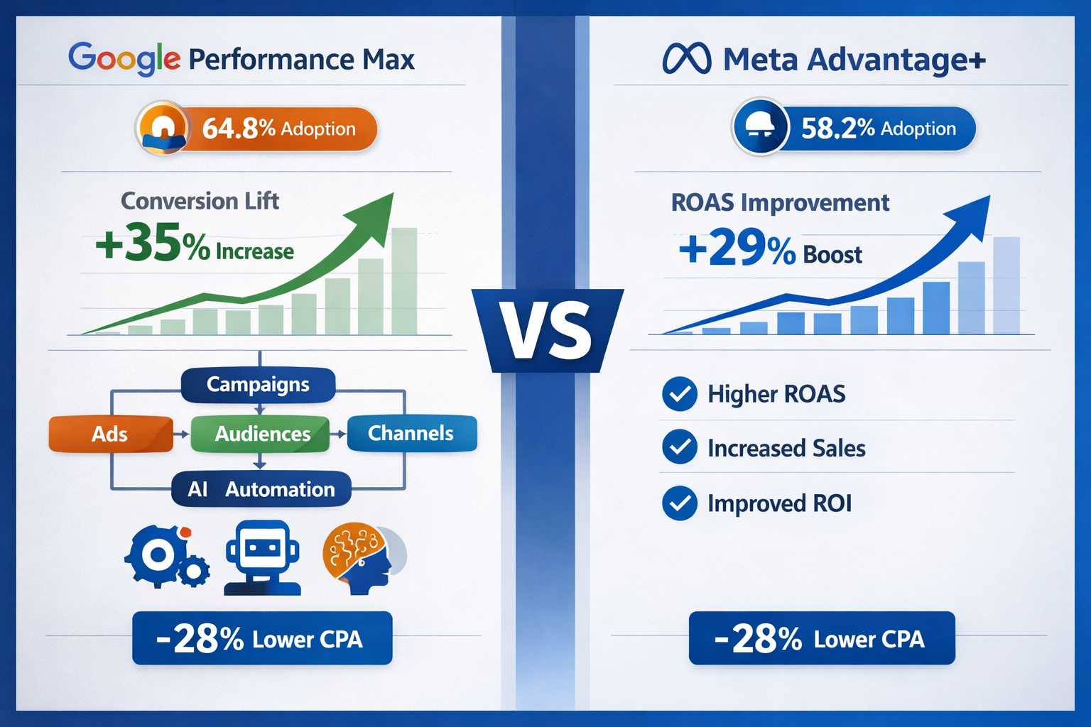 () split-screen comparison infographic showing Google Performance Max dashboard on left side with 64.8% adoption rate badge,