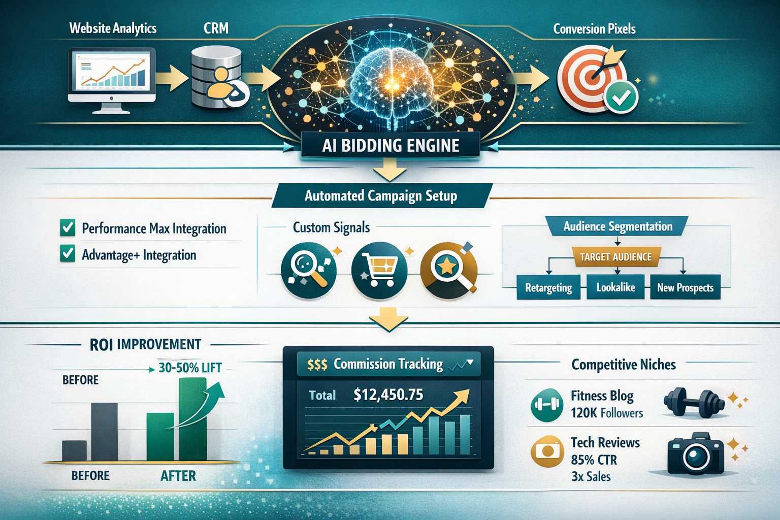 () detailed step-by-step setup workflow diagram showing affiliate marketer's journey from data collection to ROI
