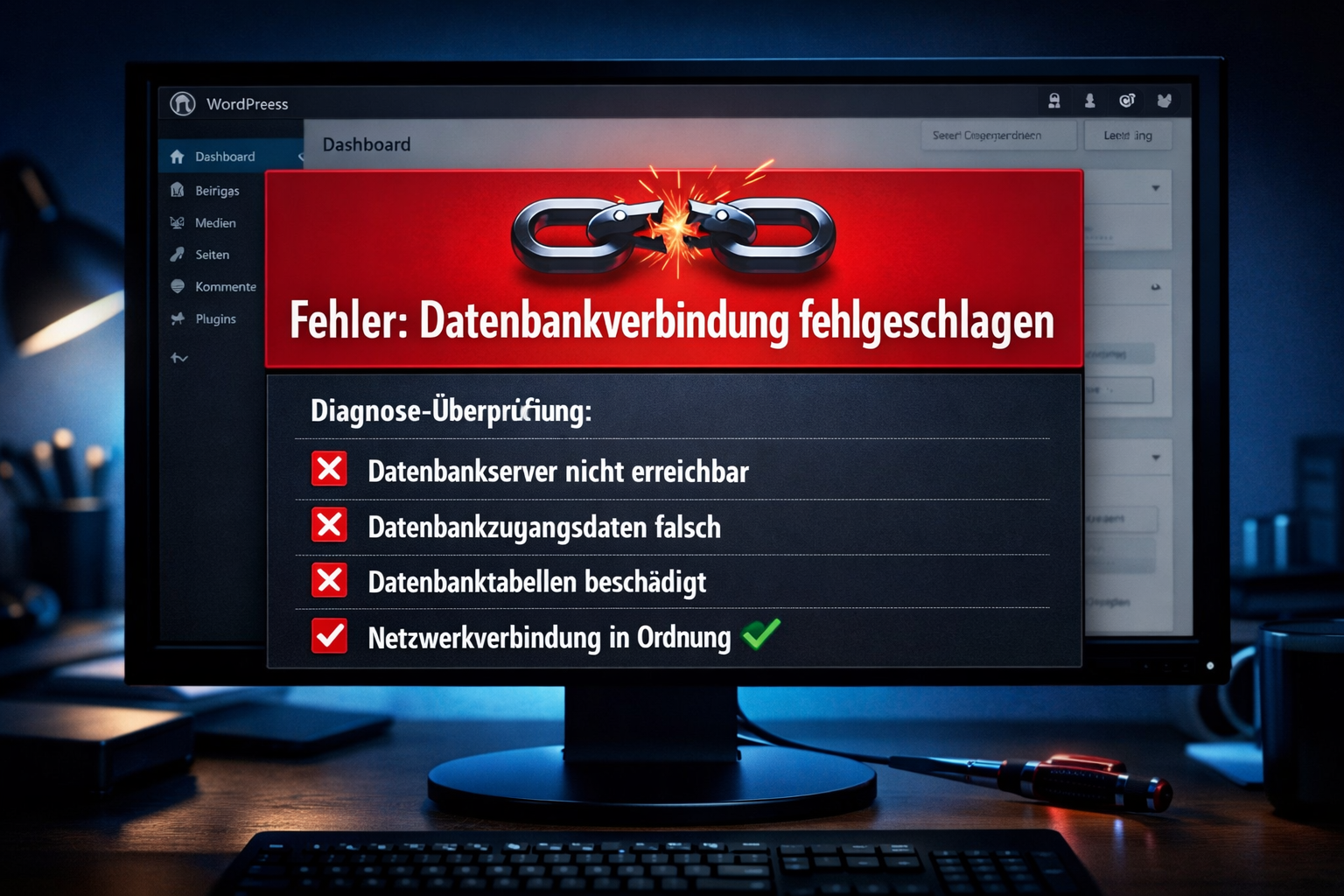 () illustration showing a WordPress dashboard with a bright red error message , broken chain icon, and diagnostic checklist