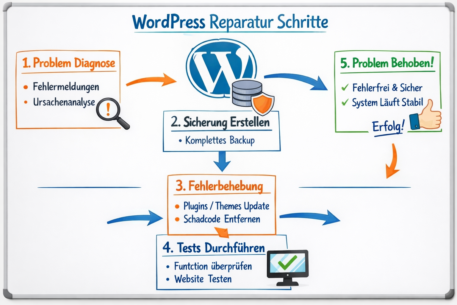 () step-by-step visual showing numbered repair steps on a whiteboard-style layout with WordPress logo, tools icons (wrench,