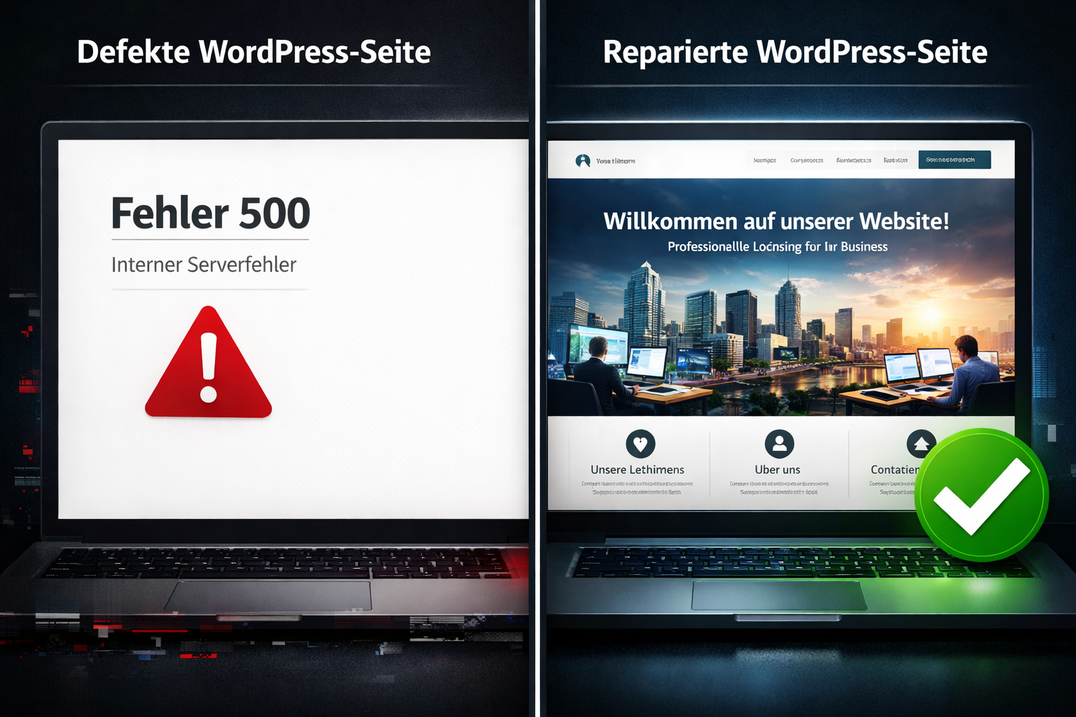 () split-screen comparison showing left side: broken WordPress site with 500 error and white screen, right side: fully