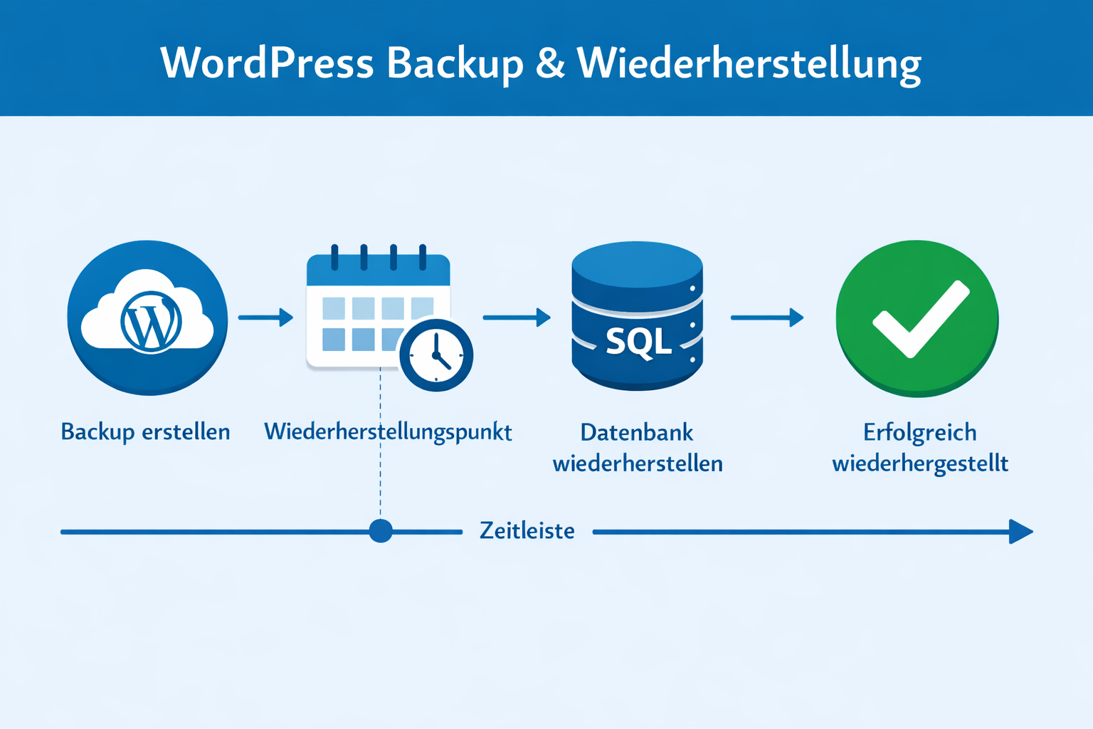 () data visualization showing WordPress backup and recovery timeline as a horizontal flowchart with icons for backup,