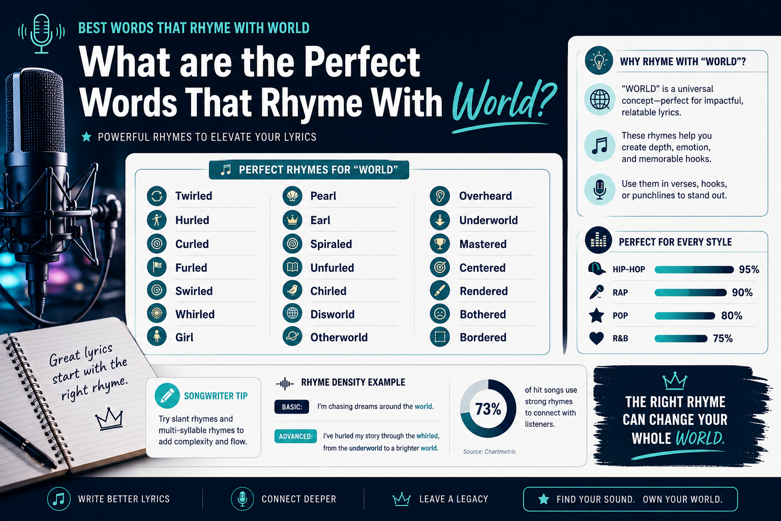 Professional landscape infographic () for article "Best Words That Rhyme With World — For Songwriters & Rappers", section: