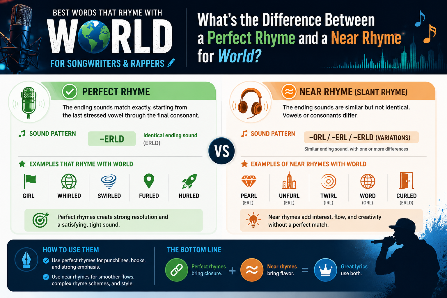 Professional landscape infographic () for article "Best Words That Rhyme With World — For Songwriters & Rappers", section: