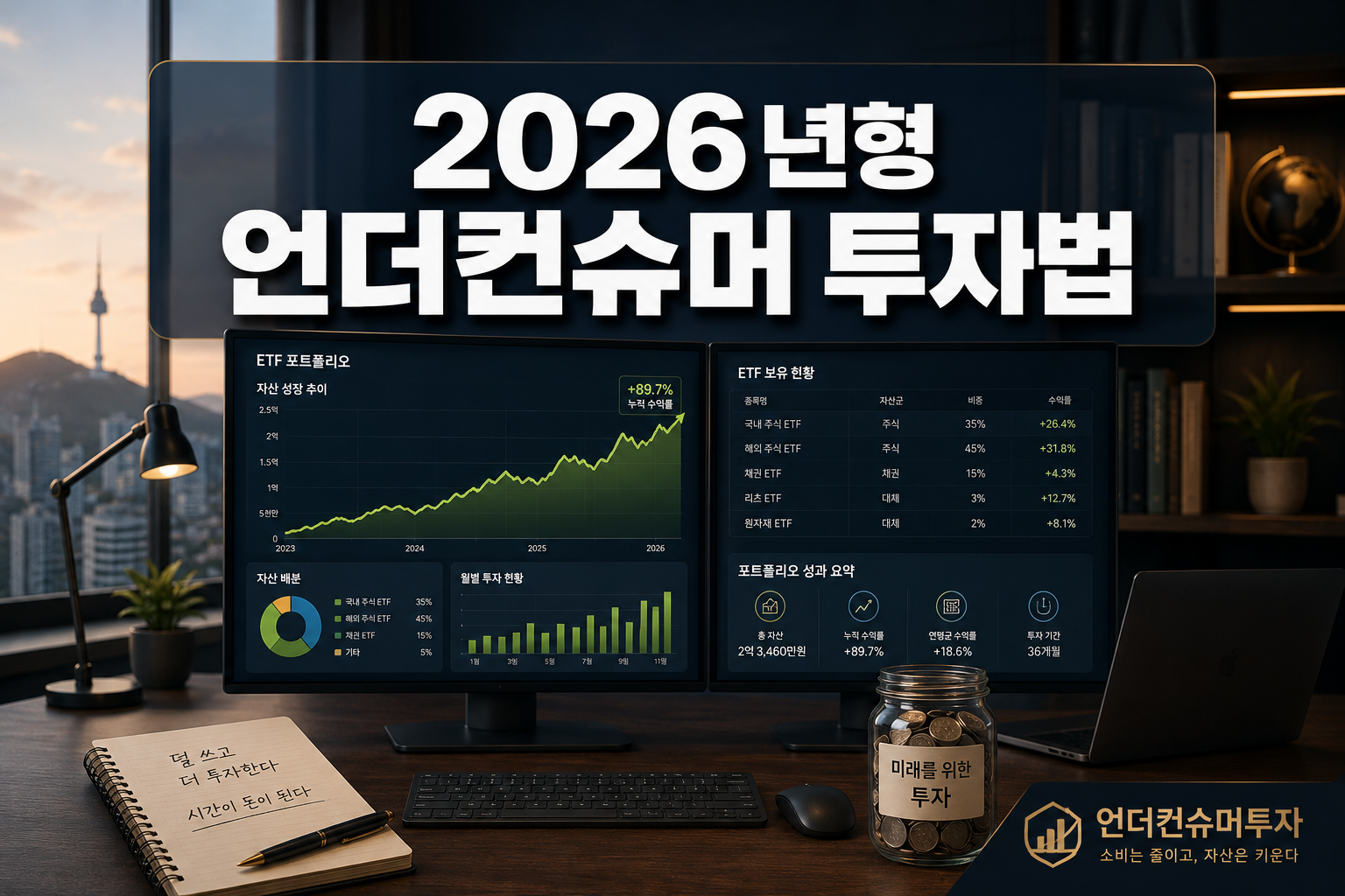 Professional () hero image with Korean '2026년형 언더컨슈머 투자법' in extra large white with dark , centered upper third positioning.