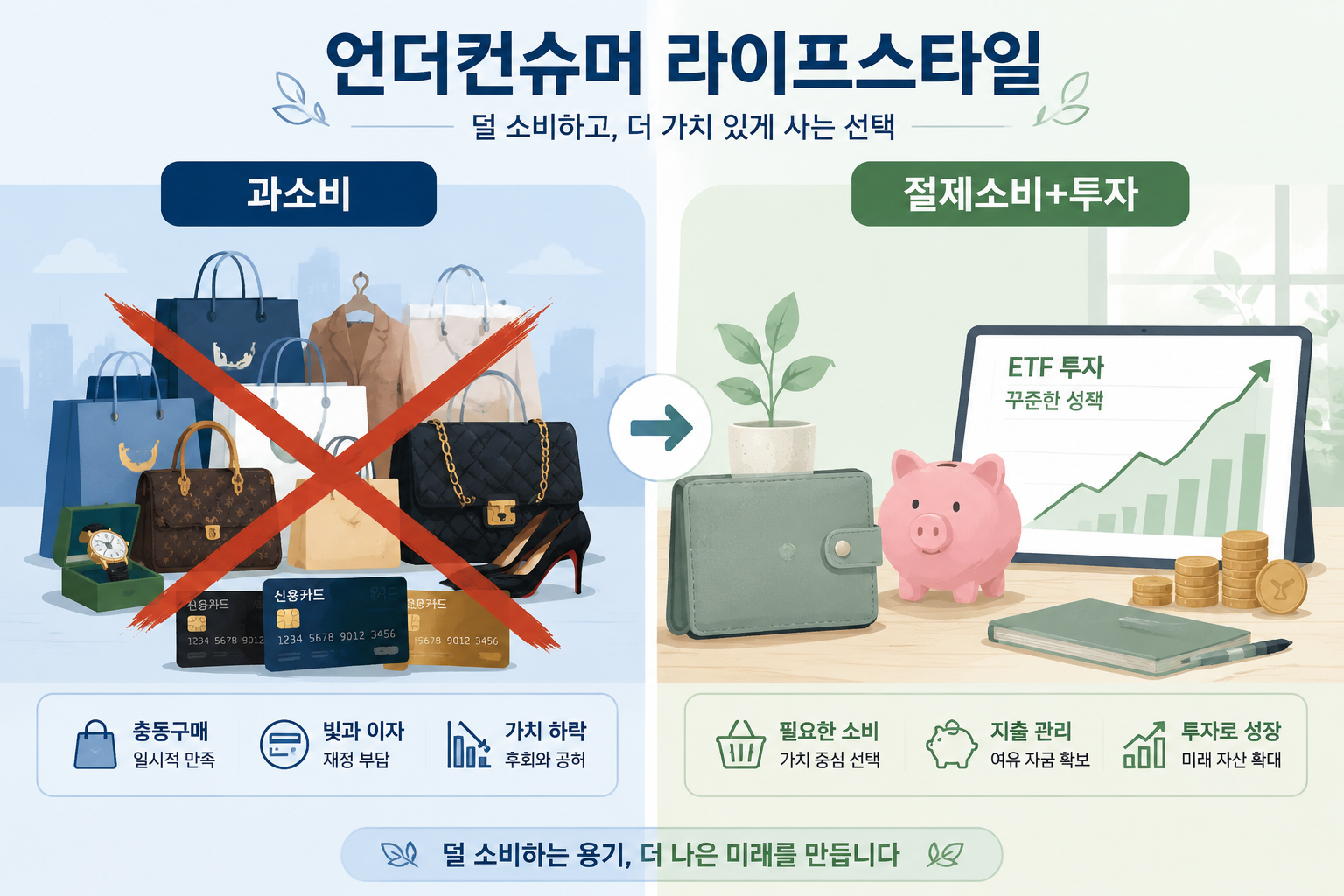 () infographic-style illustration showing the concept of 언더컨슈머 lifestyle: split composition with left side showing excessive
