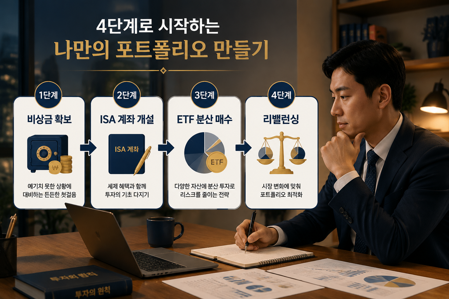 () step-by-step portfolio building visual showing a Korean salaryman at a desk with a 4-step flowchart overlaid: 1단계 비상금 확보,