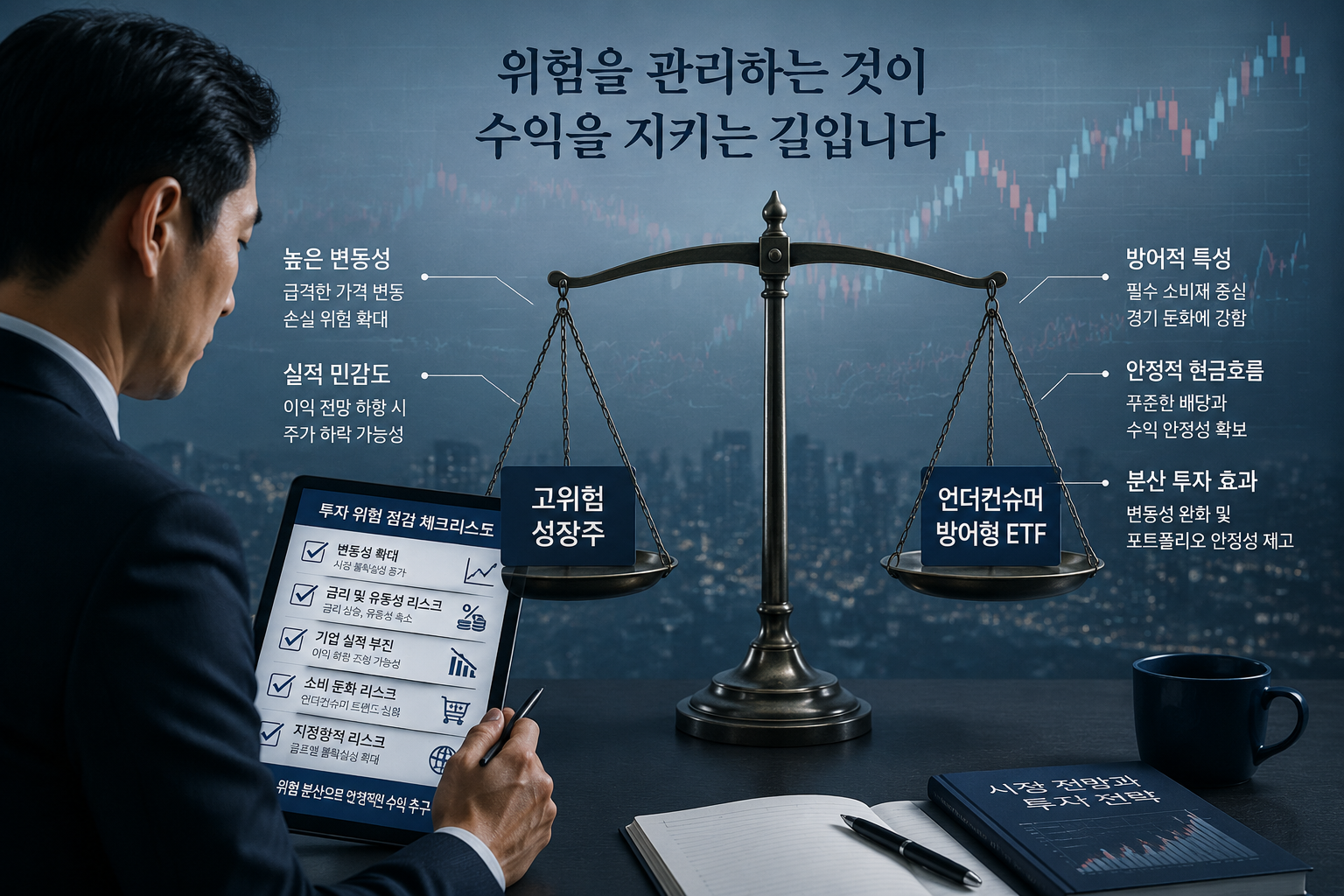 () risk management concept image showing a balance scale with Korean labels: 왼쪽 '고위험 성장주', 오른쪽 '언더컨슈머 방어형 ETF'. Background