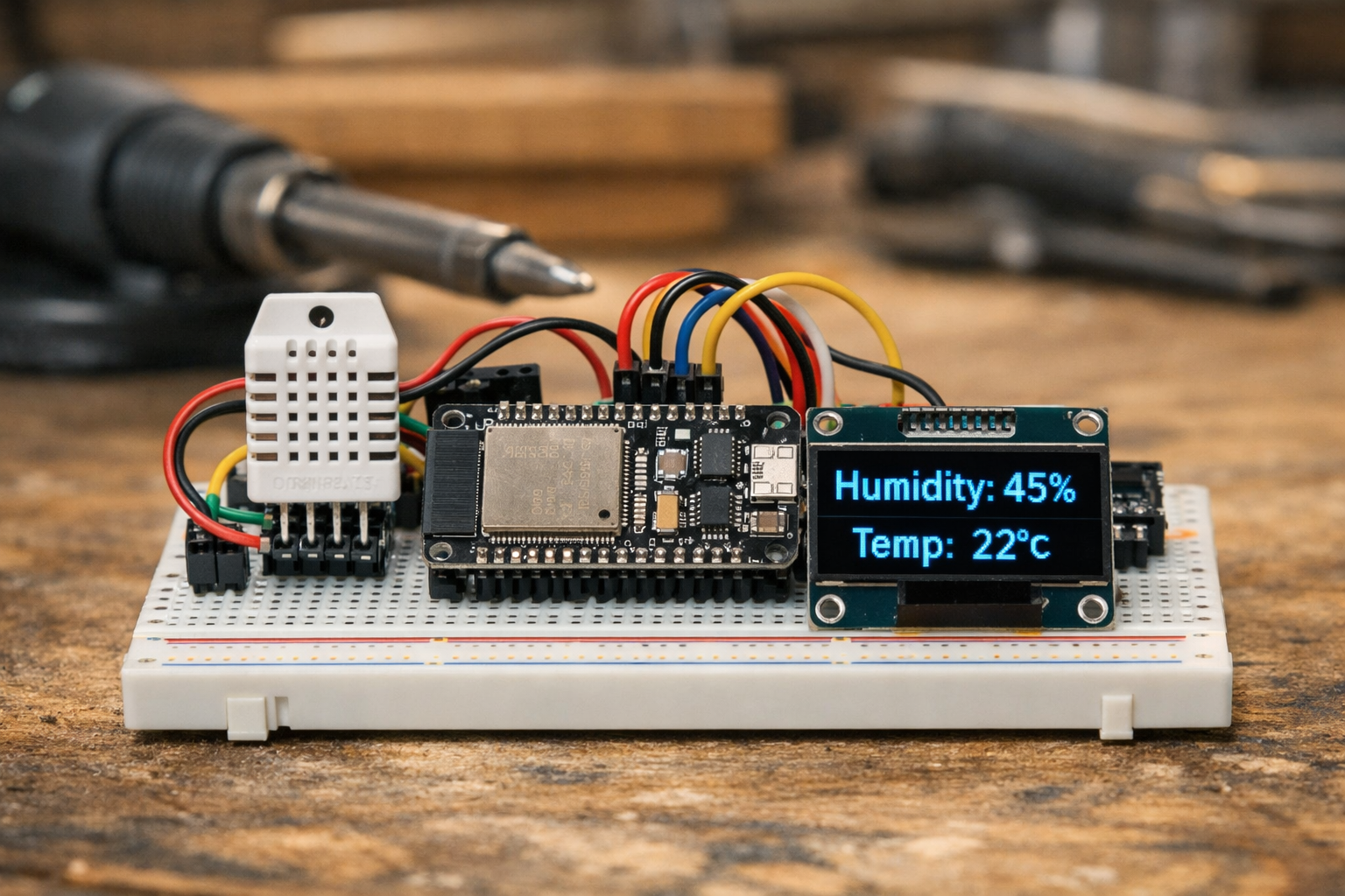 Detailed () image showcasing a close-up of an open DIY sensor module for humidity and temperature. The image highlights a
