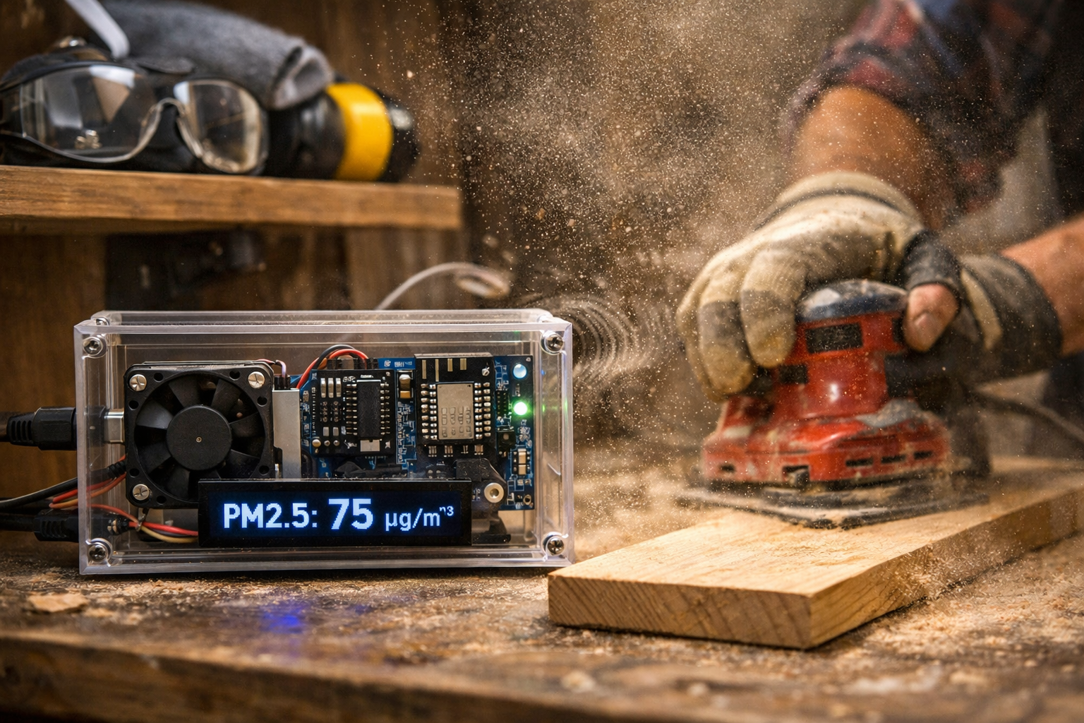 Detailed () image illustrating a DIY dust sensor actively monitoring a woodworking operation. A transparent enclosure