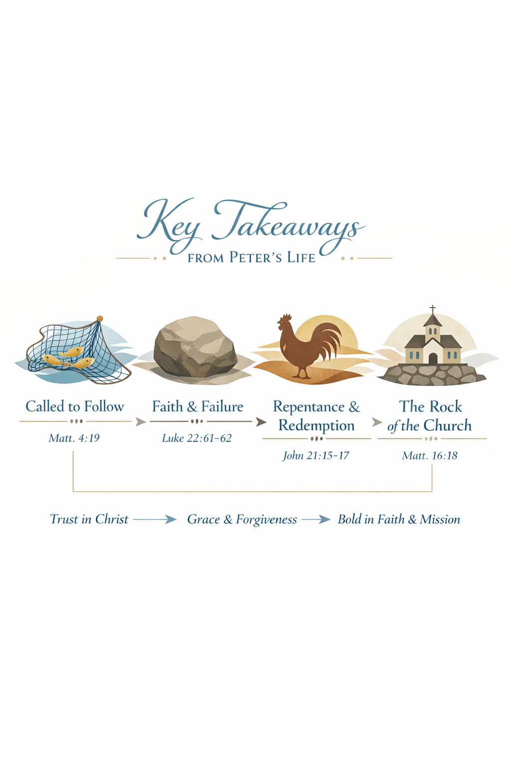 A clean, minimalist infographic for 'Key Takeaways' section featuring symbolic icons representing Peter's spiritual journey: a fishing net, 