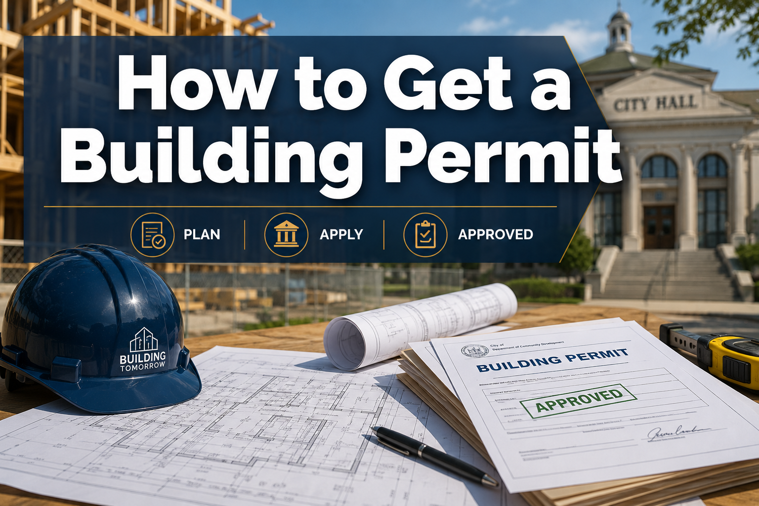 Professional () hero image with : 'How to Get a Building Permit' in extra large white with dark drop , centered in upper