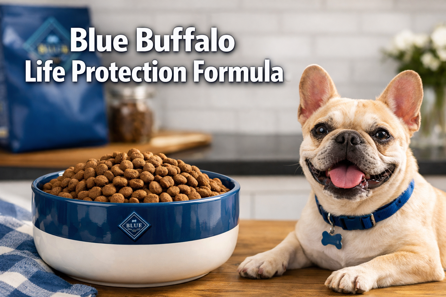 Professional landscape format (1536x1024) hero image featuring bold text overlay 'Blue Buffalo Life Protection Formula' in extra large 72pt 