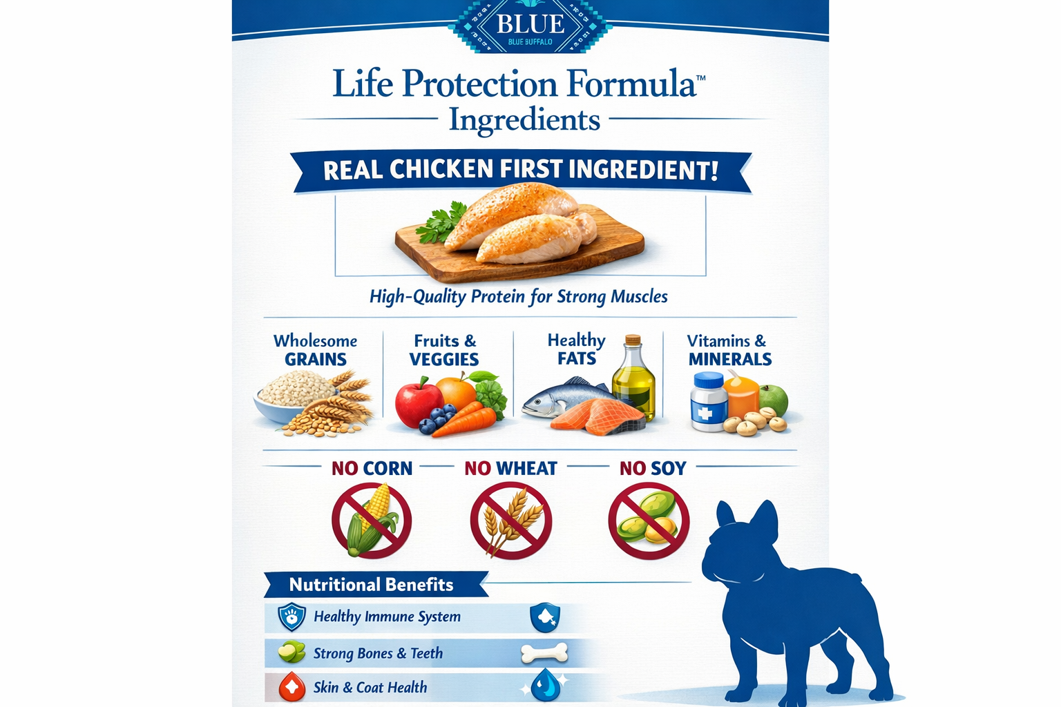 Portrait format (1024x1536) infographic showing Blue Buffalo Life Protection Formula ingredients breakdown with real chicken as first ingred