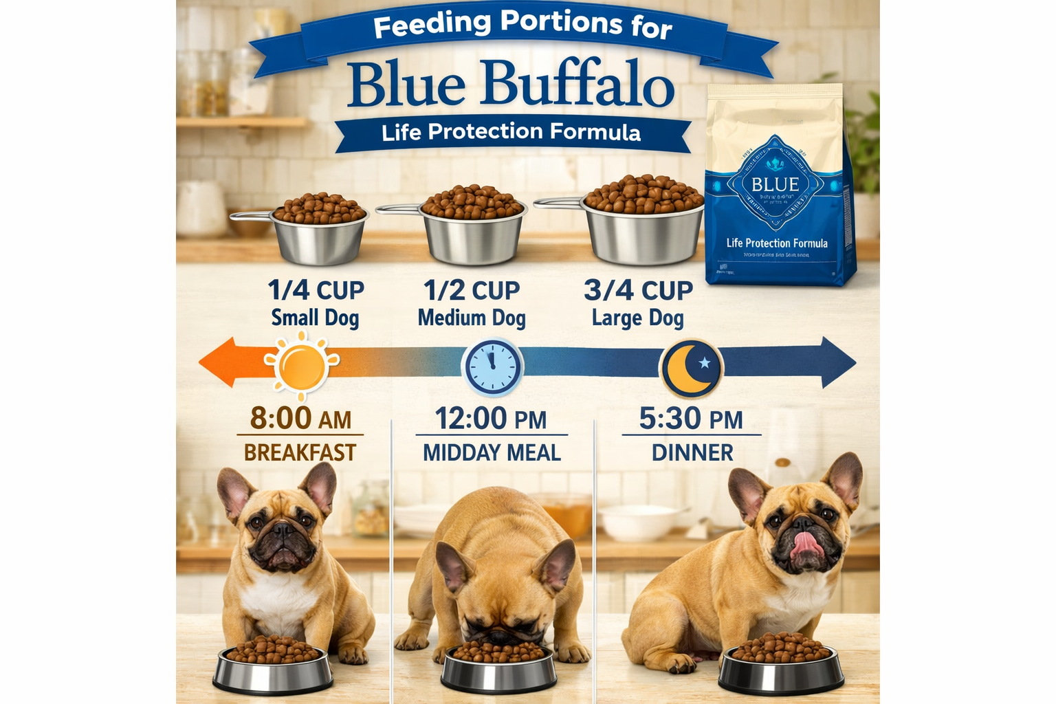 Portrait format (1024x1536) visual guide showing proper feeding portions of Blue Buffalo Life Protection Formula with measuring cups, feedin