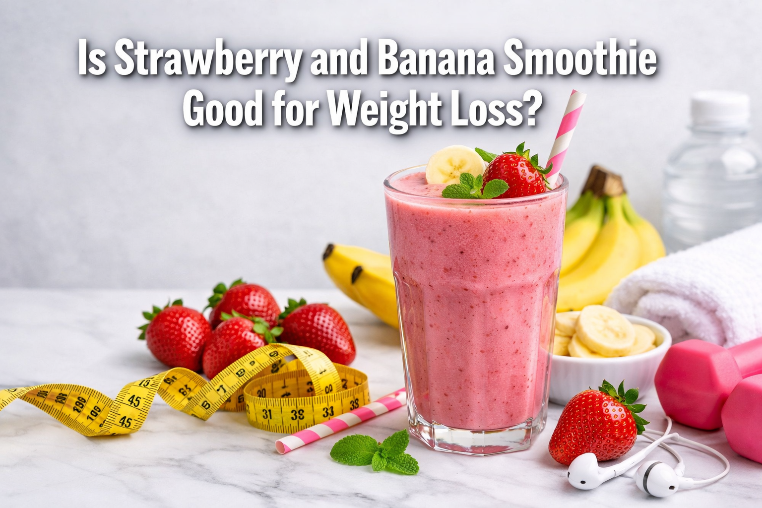 Professional landscape hero image (1536x1024) featuring bold text overlay 'Is Strawberry and Banana Smoothie Good for Weight Loss?' in extra