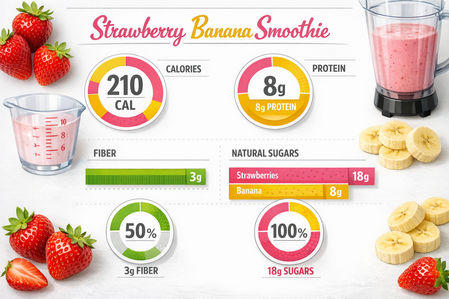 Detailed infographic showing nutritional breakdown of strawberry banana smoothie with calorie counter, protein content, fiber amounts, and n