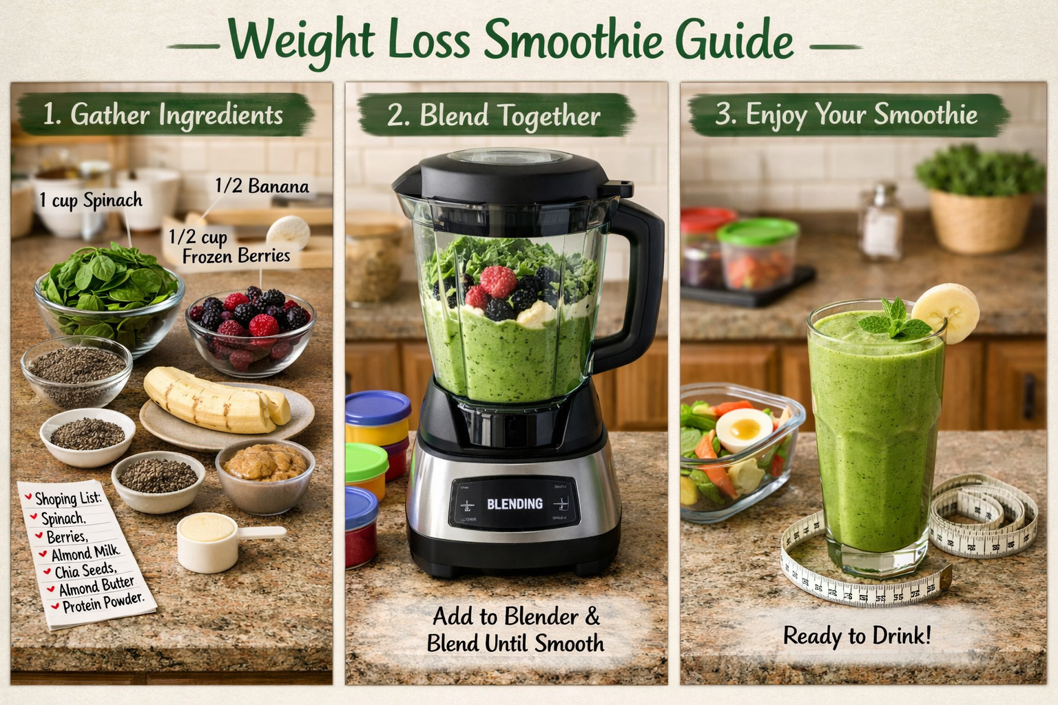 Step-by-step visual guide showing proper smoothie preparation for weight loss with ingredients laid out in measured portions, high-speed ble