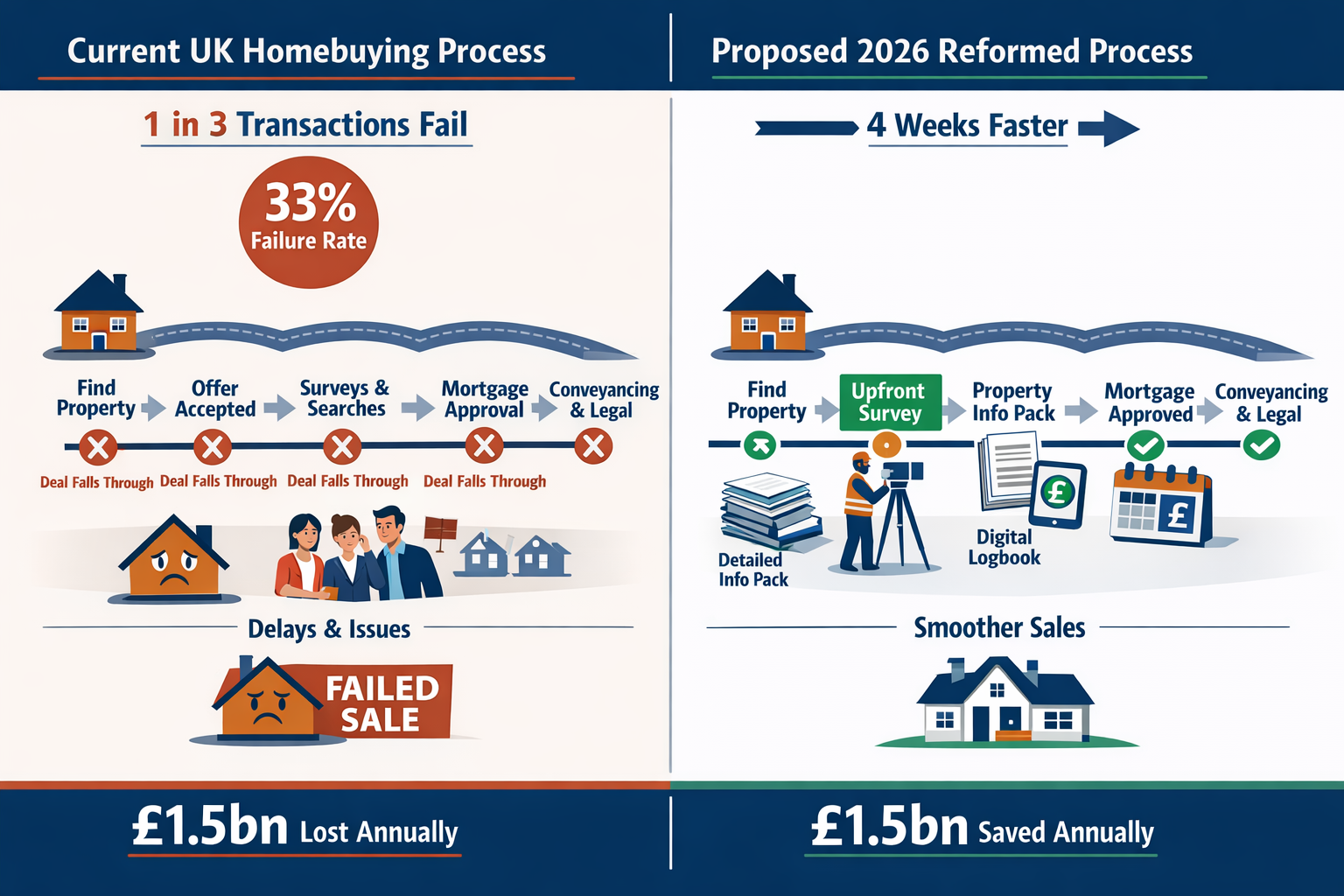 Landscape format (1536x1024) detailed infographic showing the current UK homebuying process versus proposed 2026 reformed process with paral