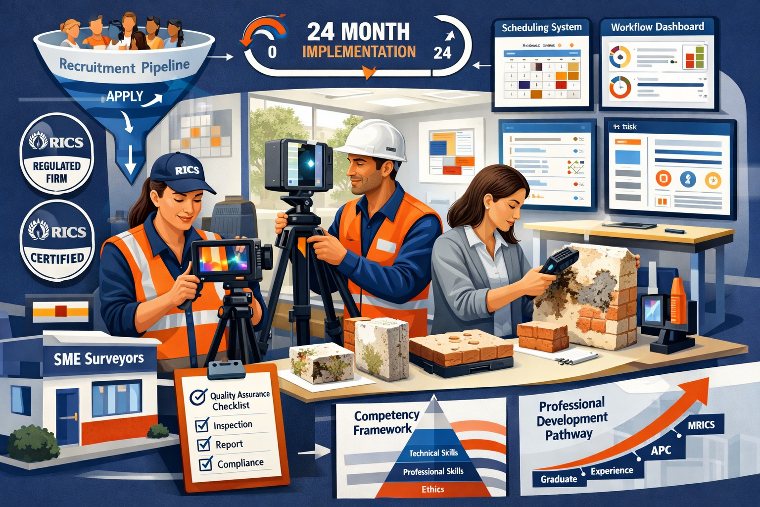 Landscape format (1536x1024) conceptual illustration depicting chartered surveyor workforce transformation and operational workflow changes.