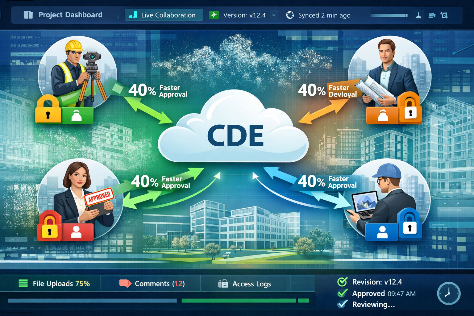 Detailed landscape format (1536x1024) illustration showing cloud-based common data environment platform interface with multiple connected st