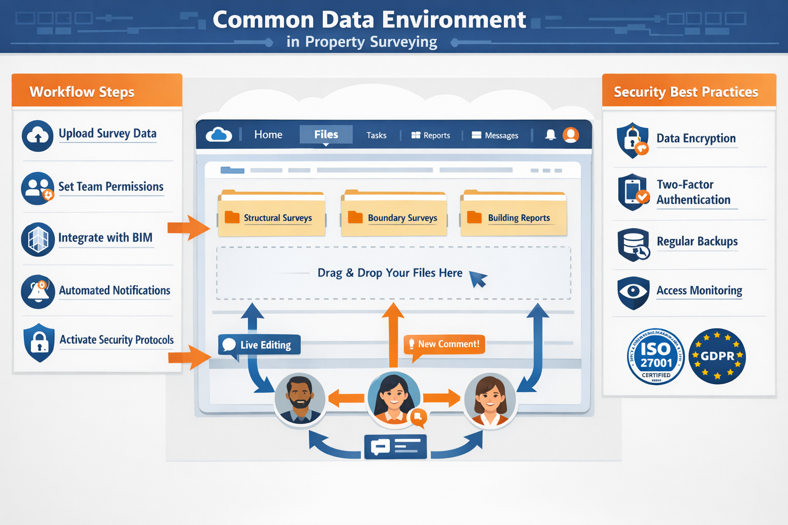 Detailed landscape format (1536x1024) step-by-step setup guide visualization for implementing common data environment in property surveying 
