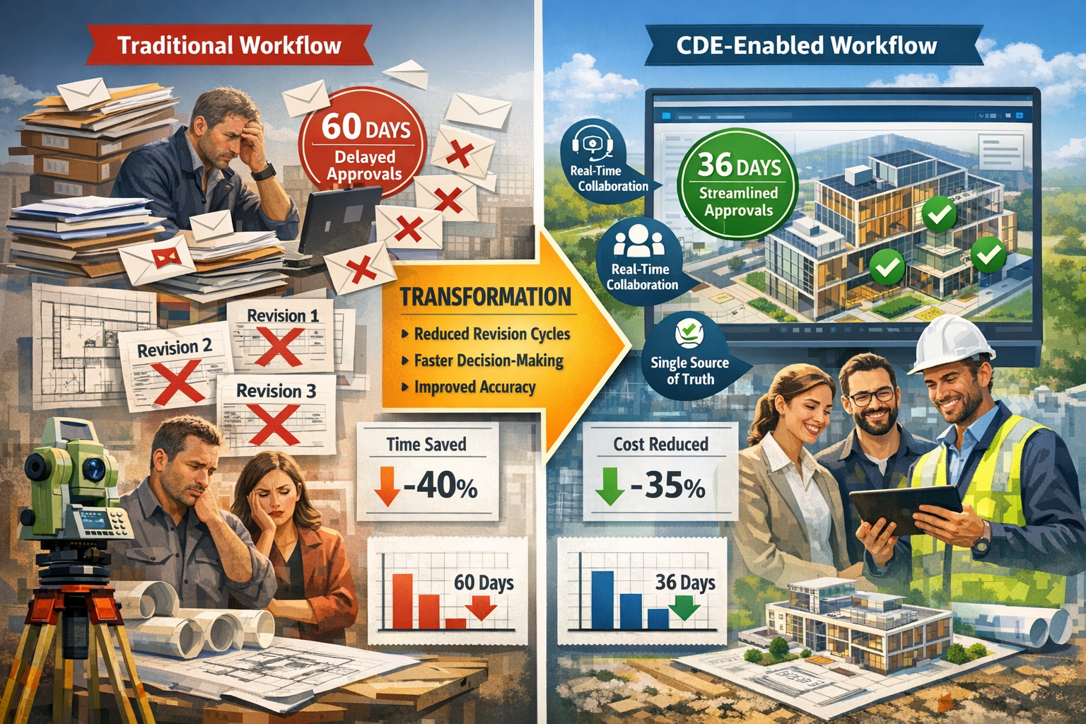 Detailed landscape format (1536x1024) before-and-after comparison visualization demonstrating efficiency gains from CDE implementation in pr