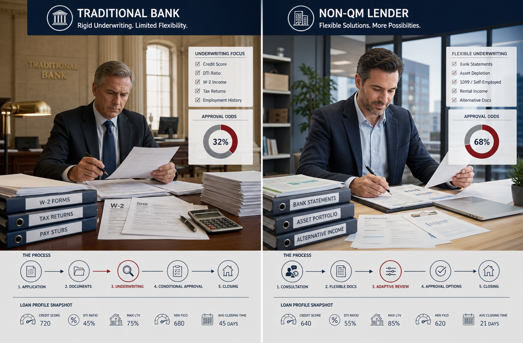 () editorial illustration showing a side-by-side visual comparison: left panel displays a traditional bank building with
