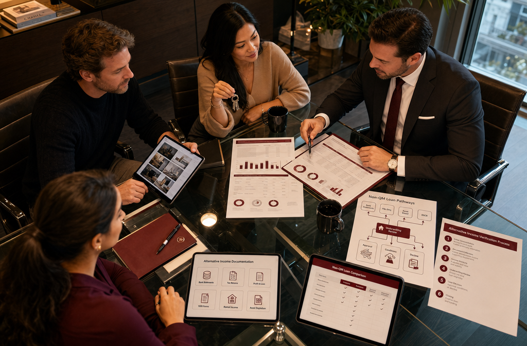 () concept image depicting a diverse group of borrowers &mdash; a freelance creative, a real estate investor holding property