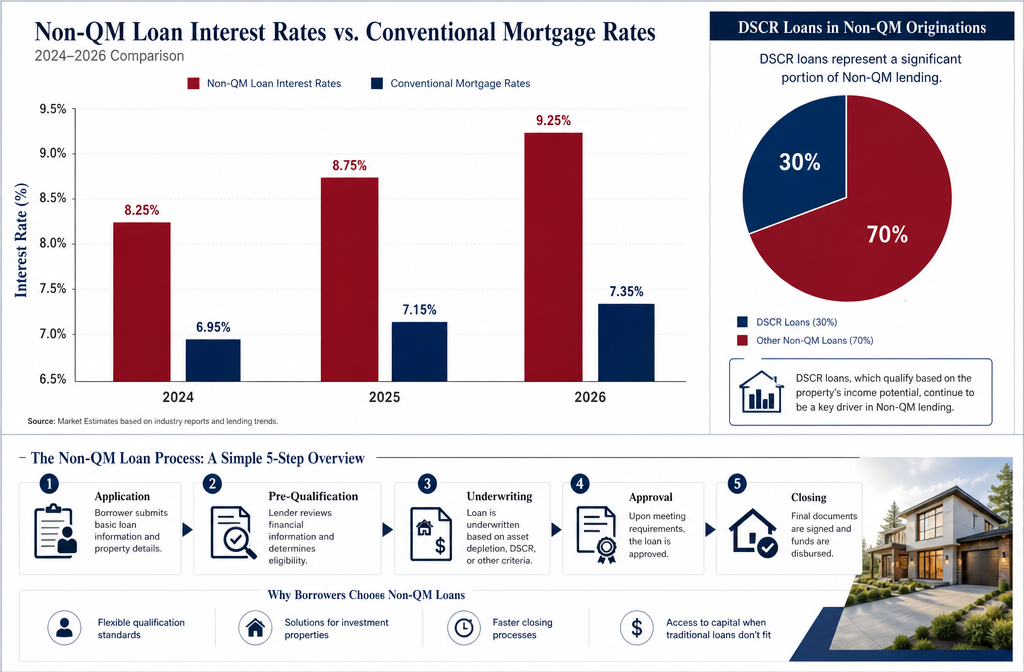 () financial data visualization showing an upward-trending bar chart comparing non-QM loan interest rates versus