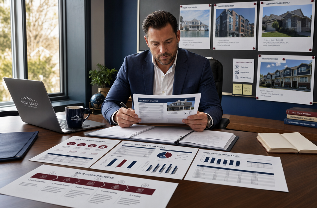 () wide-angle editorial photograph of a real estate investor reviewing DSCR loan documents and rental property cash flow