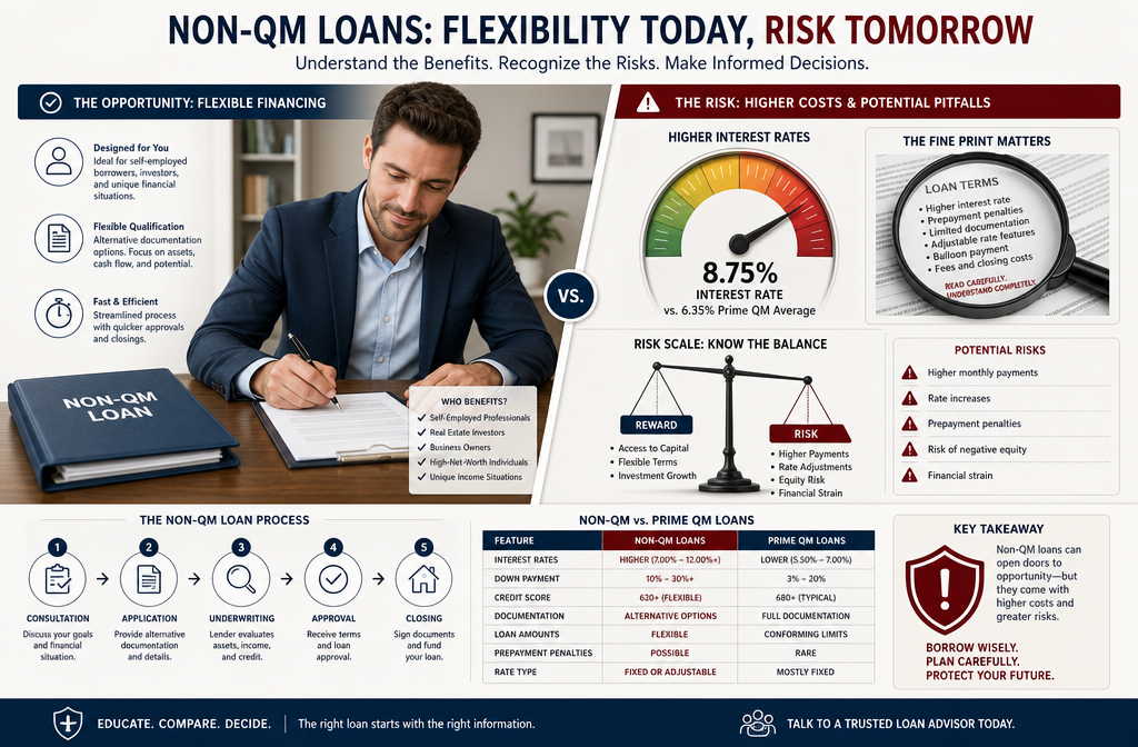 () cautionary concept illustration showing a split-scene: left side depicts a borrower confidently signing non-QM loan