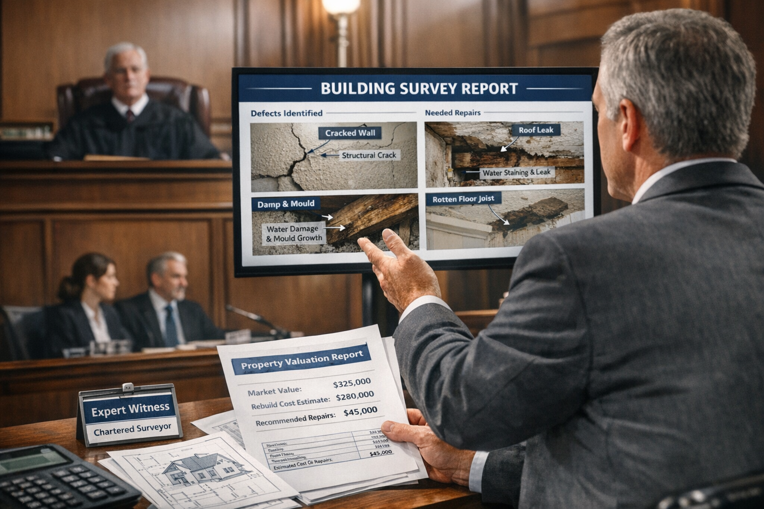 Detailed () image showing close-up of expert witness testimony scene in modern courtroom with professional chartered