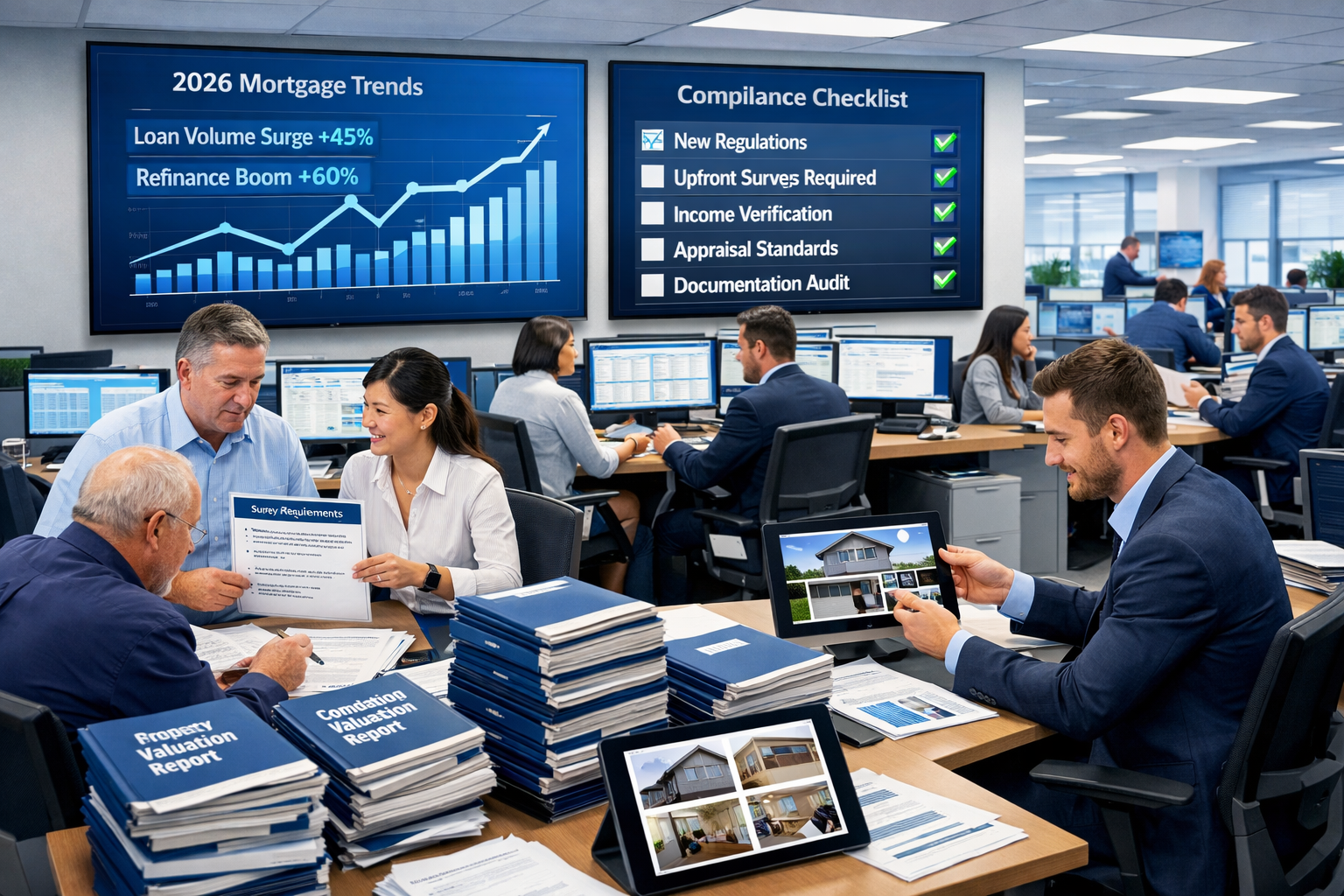 Wide-angle () image depicting busy mortgage lending office environment in 2026 with multiple workstations showing increased