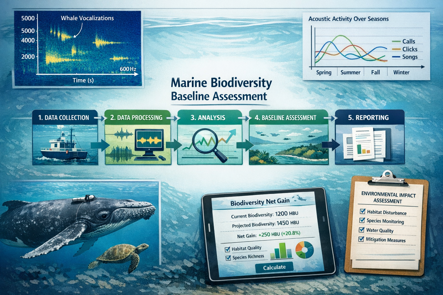 () detailed visualization showing marine biodiversity baseline assessment workflow: central flowchart with five connected