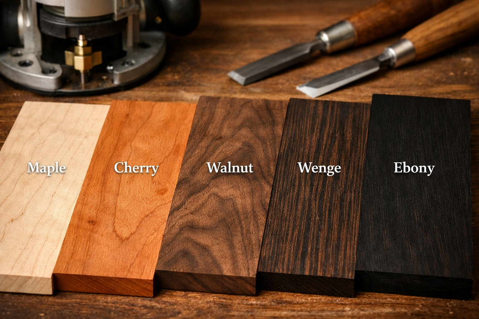 A close-up, with detailed labels indicating species like maple, walnut, cherry, wenge, and ebony. The woods are arranged in
