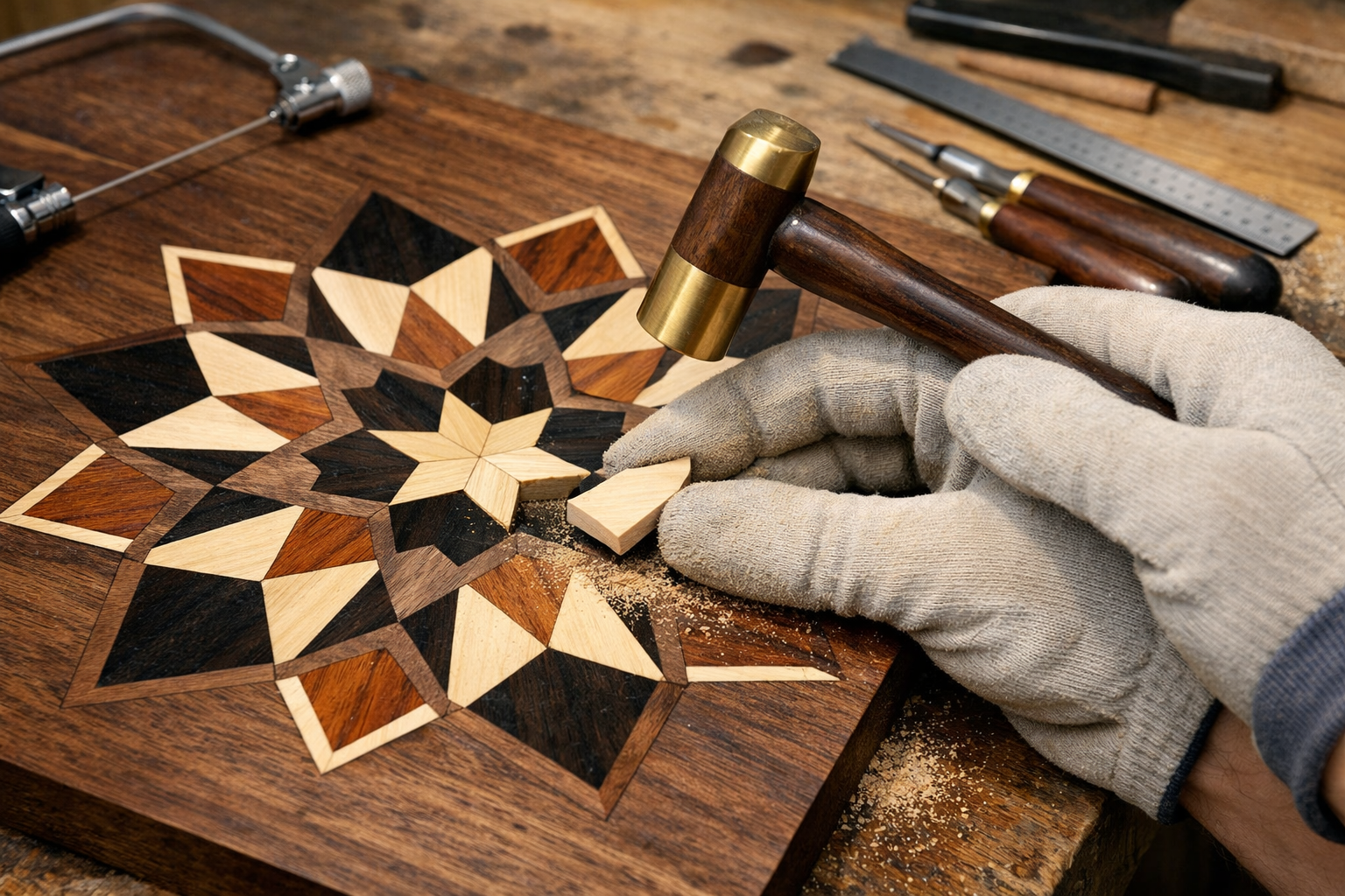 A detailed, well-lit landscape image () focusing on the precise cutting and fitting of a complex geometric inlay pattern