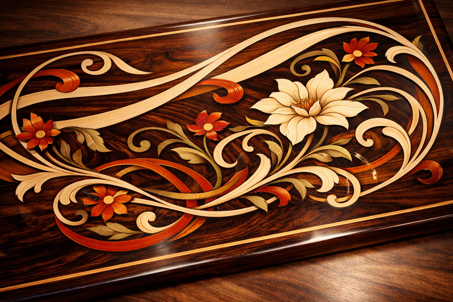 An artistic landscape image () displaying a finished woodworking piece, such as a tabletop or a panel of a decorative box,