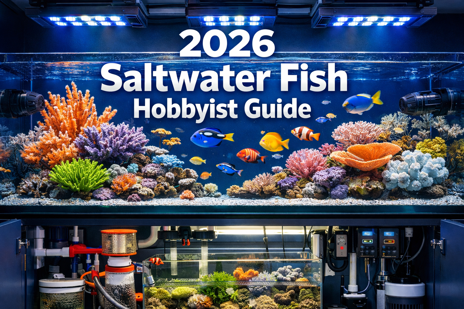 Professional landscape hero image (1536x1024) featuring bold text overlay '2026 Saltwater Fish Hobbyist Guide' in extra large 72pt white san