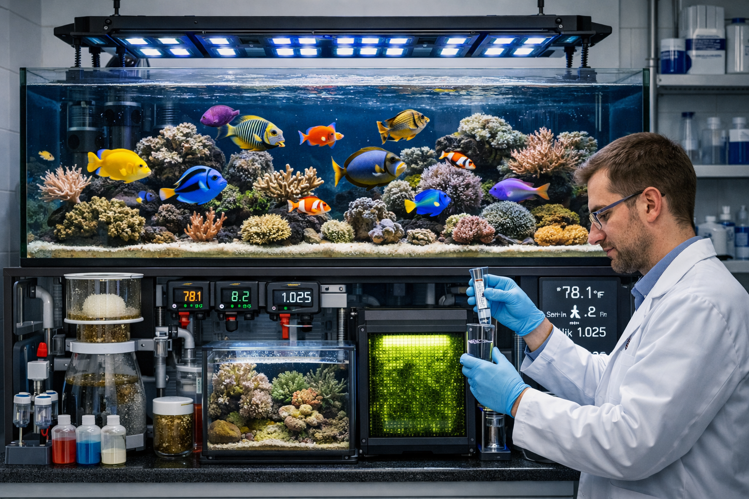 Detailed landscape image (1536x1024) showing modern saltwater aquarium setup with advanced 2026 filtration systems including protein skimmer