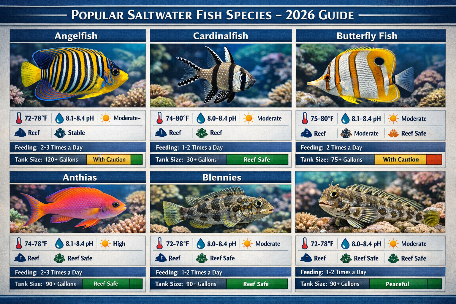 Comprehensive landscape image (1536x1024) displaying popular 2026 saltwater fish species in a grid layout with care requirement icons, feedi