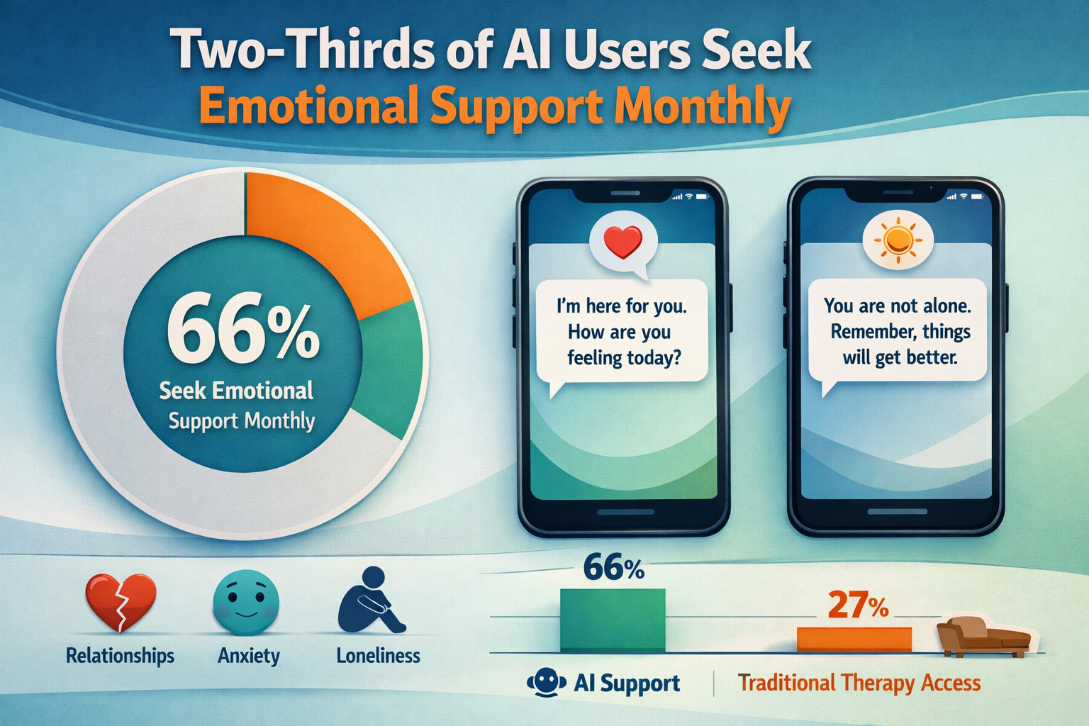 Landscape format (1536x1024) infographic showing emotional support statistics with bold headline 'Two-Thirds of AI Users Seek Emotional Supp
