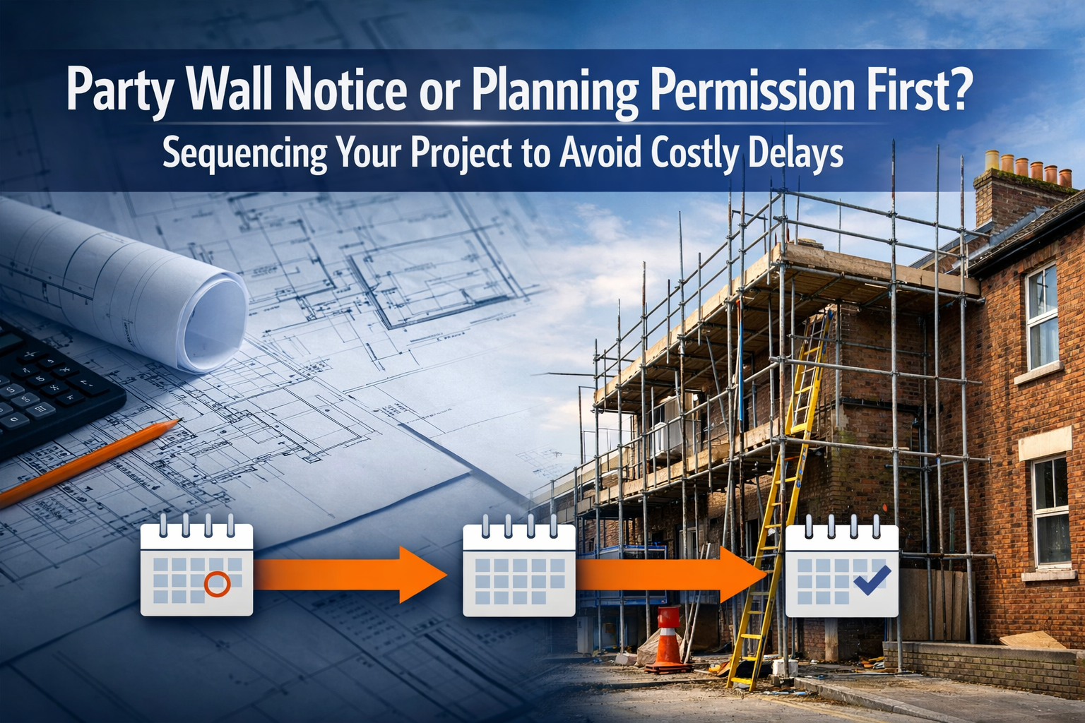Professional () hero image featuring 'Party Wall Notice or Planning Permission First? Sequencing Your Project to Avoid