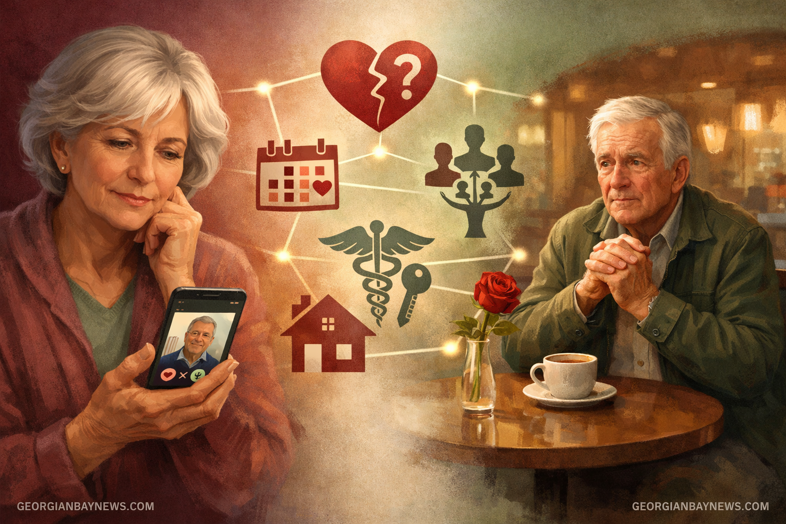 Include the text: GEORGIANBAYNEWS.COM, in each image in a discreet fashion. Landscape format (1536x1024) detailed illustration showing emoti