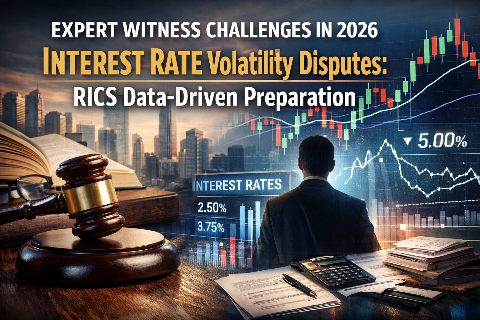 Professional landscape hero image () with : "Expert Witness Challenges in 2026 Interest Rate Volatility Disputes: RICS