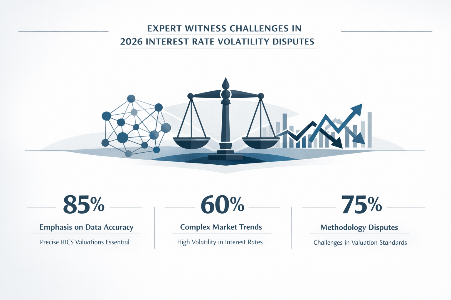 A minimalist key takeaways infographic visualizing Expert Witness Challenges in 2026 Interest Rate Volatility Disputes,