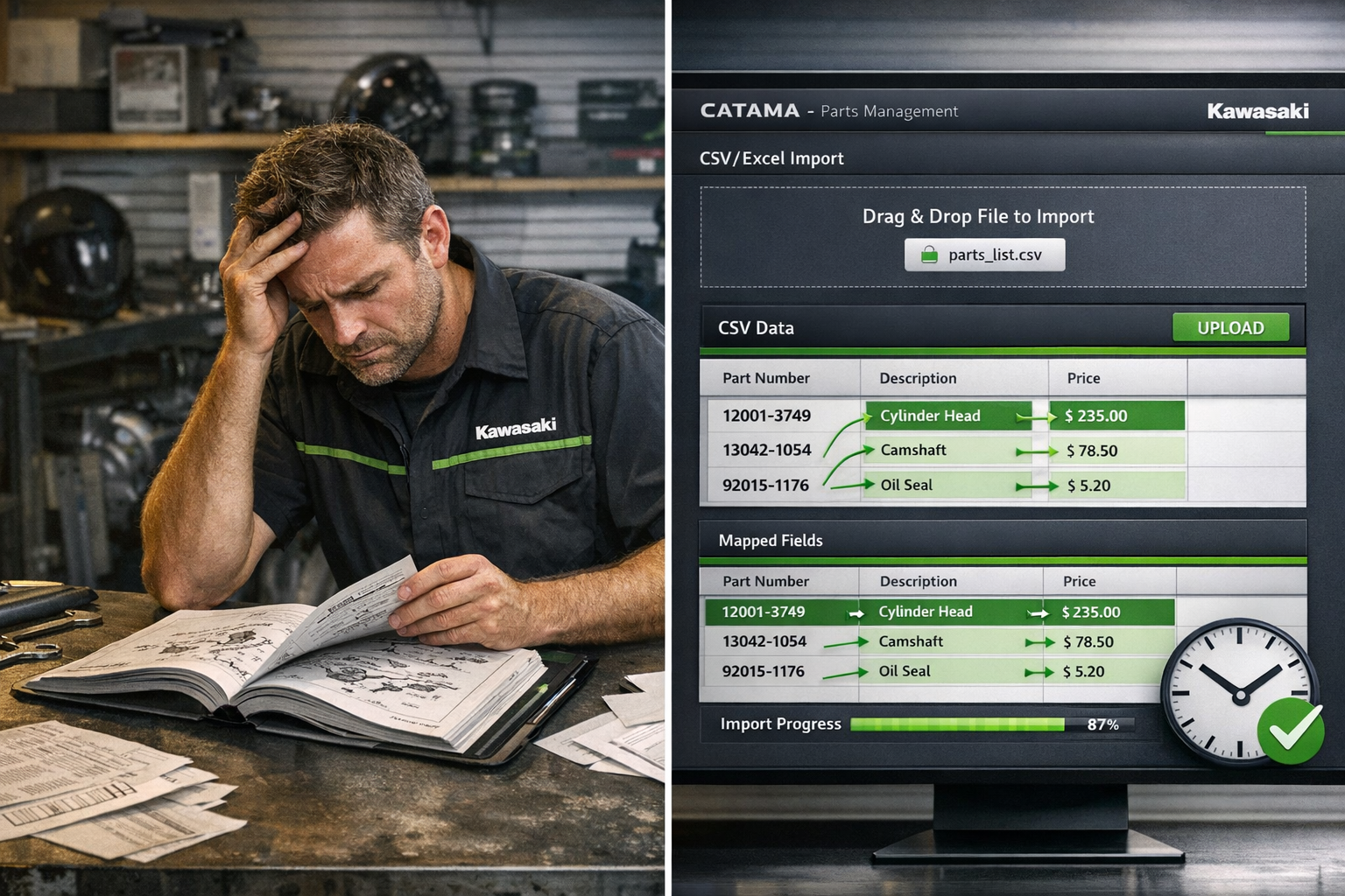Detailed landscape format (1536x1024) image showing split-screen composition: left side displays traditional paper-based Kawasaki parts cata