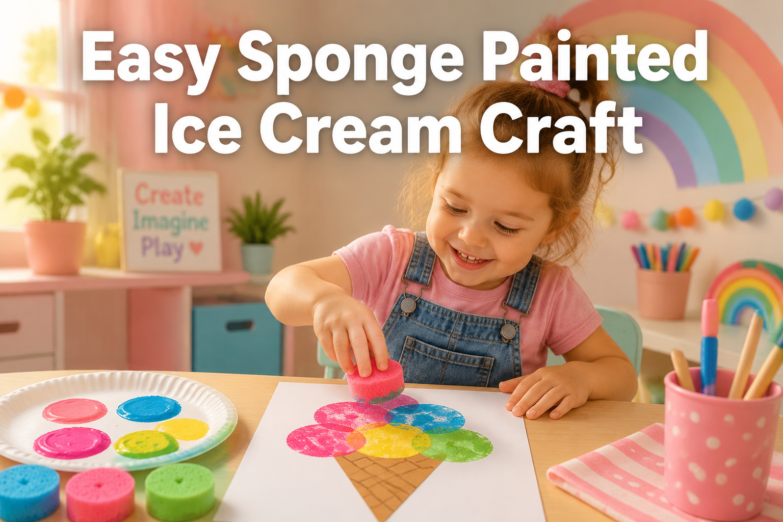 Professional () hero image with : 'Easy Sponge Painted Ice Cream Craft' in extra large white with soft drop , centered in